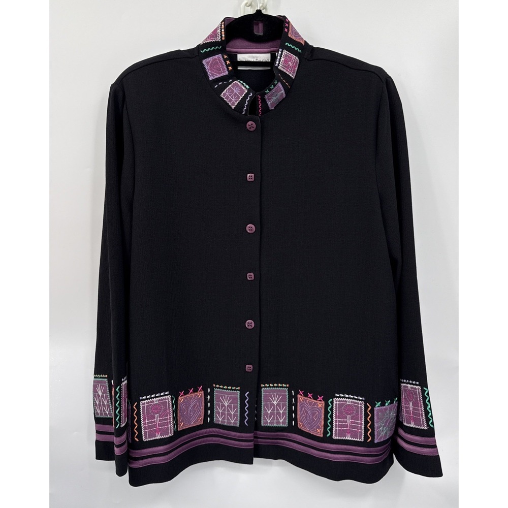 Drapers & Damons Jacket /Top Size L Black Purple Embroidered Patchwork Cottage